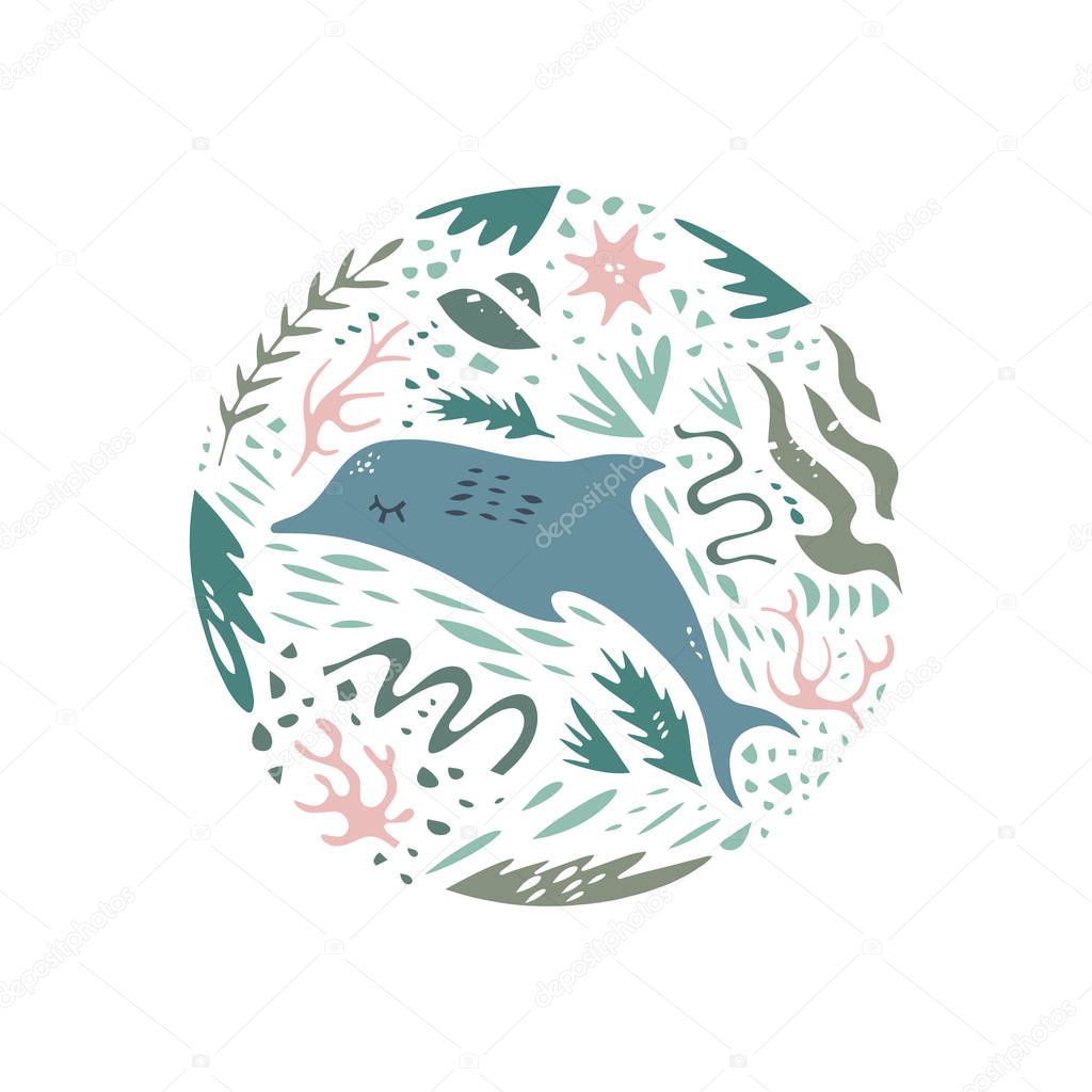 Cute hand drawn color vector circle pattern. Sea character cartoon style. Sketch animals. Web, label, decor apparel