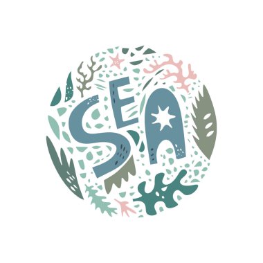 Şirin el renk vektör daire desen çekilmiş. Yazı karikatür tarzı. Kroki deniz kompozisyon