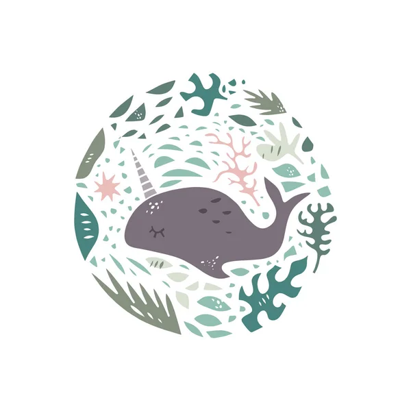 Mignon dessin à la main motif de cercle vectoriel de couleur. Style de dessin animé personnage de la mer. Esquisse des animaux. Web, étiquette, décor vêtements — Image vectorielle