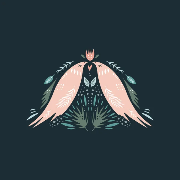 Beaux oiseaux de dessin animé. Composition avec des animaux d'art populaire et des éléments de décoration florale. Vecteur dessiné à la main, clip art — Image vectorielle