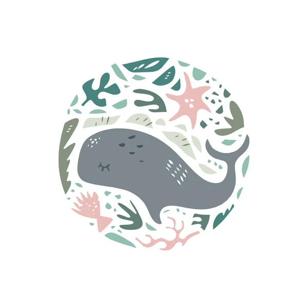 Cute hand drawn color vector circle pattern. Sea character cartoon style. Sketch animals. Web, label, decor apparel — Stock Vector