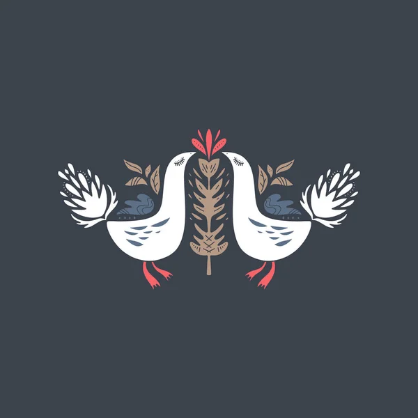 Ptáci ve skandinávském stylu. Severské lidovému ornamentu. Popisek, tisk. Vektorové ilustrace, klipart — Stockový vektor