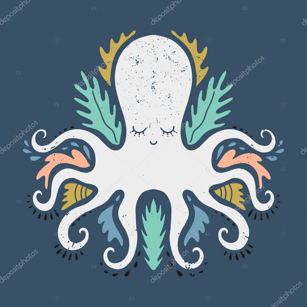 Vector hand drawn octopus, clip art illustration, vintage ethnic style, stylized animal