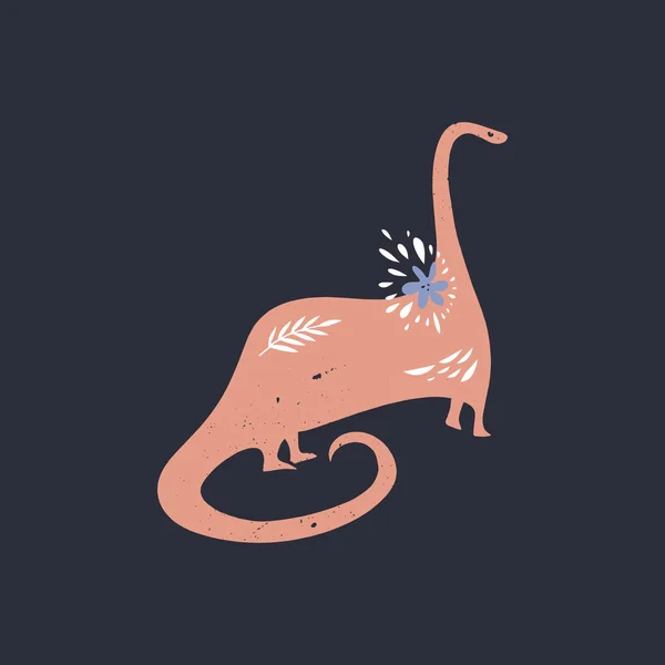 Diplodocus dino bonito com flor. Dinossauro herbívoro estilizado. Impressão para crianças, meninas e meninos ilustração vetorial. Animal dos desenhos animados — Vetor de Stock