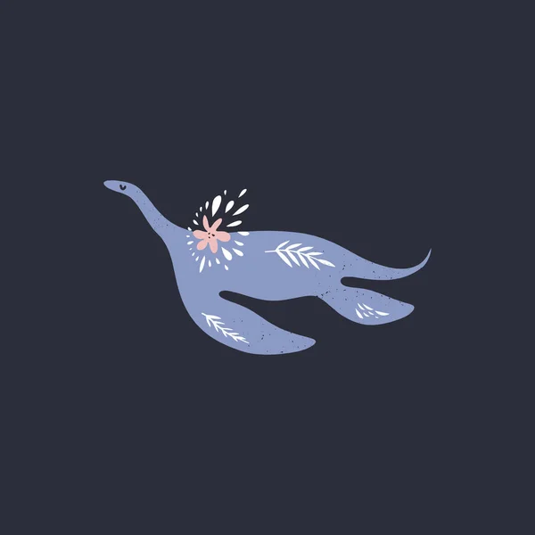 Mignon Liopleurodon dino avec des fleurs. Dinosaure d'eau stylisé. Imprimer pour enfants, filles et garçons illustration vectorielle. Animal de bande dessinée — Image vectorielle