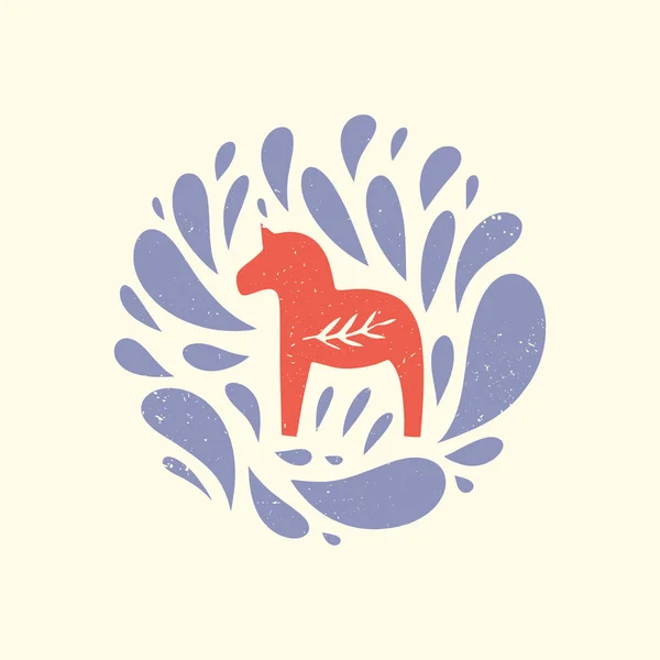 Suédois Dala cheval rouge dans le motif, design folklorique scandinave, ornement floral. Logo ou étiquette. Vecteur dalécarlien — Image vectorielle