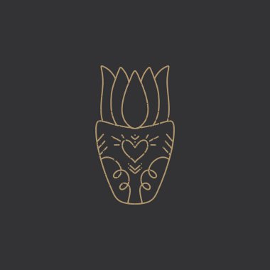 Vektör çiçek el çizilmiş eleman. Koyu arka planda ev bitki, altın siluet ile tasarım. Küçük resim, etiket