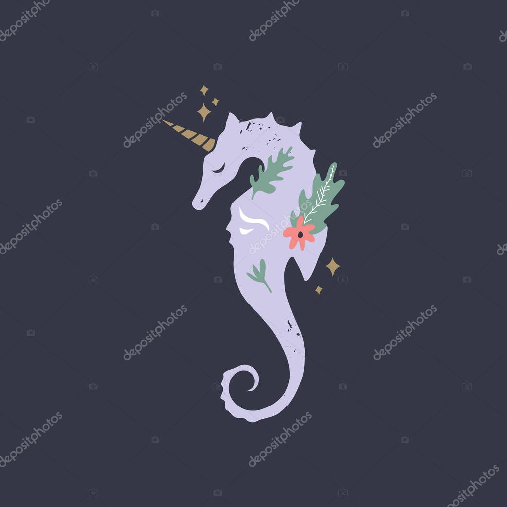 Stylized seahorse unicorn. Silhouette, graphic illustration of sea life. Summer holidays theme, nursery print. Good for party decor. Vintage style