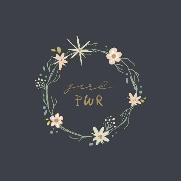 Inspiration dessinée à la main citation de puissance fille dans le cadre floral. Design de lettres, ensemble de fleurs. Thème féminisme — Image vectorielle