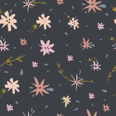 Güzellik çiçek desen vektör görüntü, küçük resim. Karanlık arka planda sevimli yaban çiçekleri. El çizmek doku