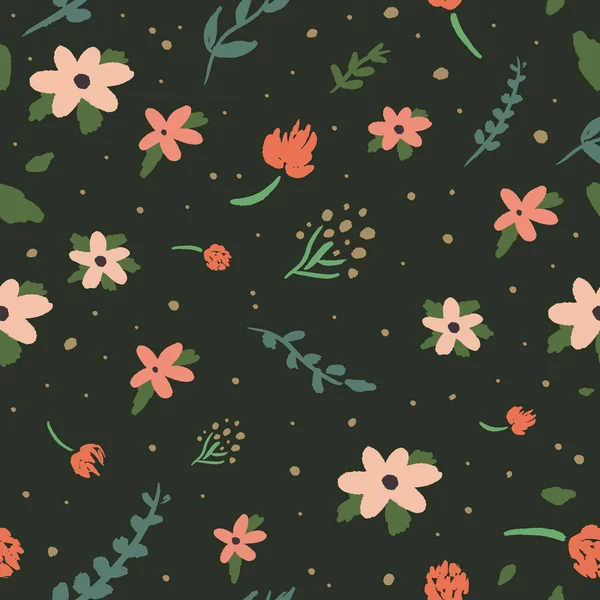 Skönhet Blom mönster vektor bild, Clip Art. Bedårande vild blommor på mörk bakgrund. Hand dra textur — Stock vektor
