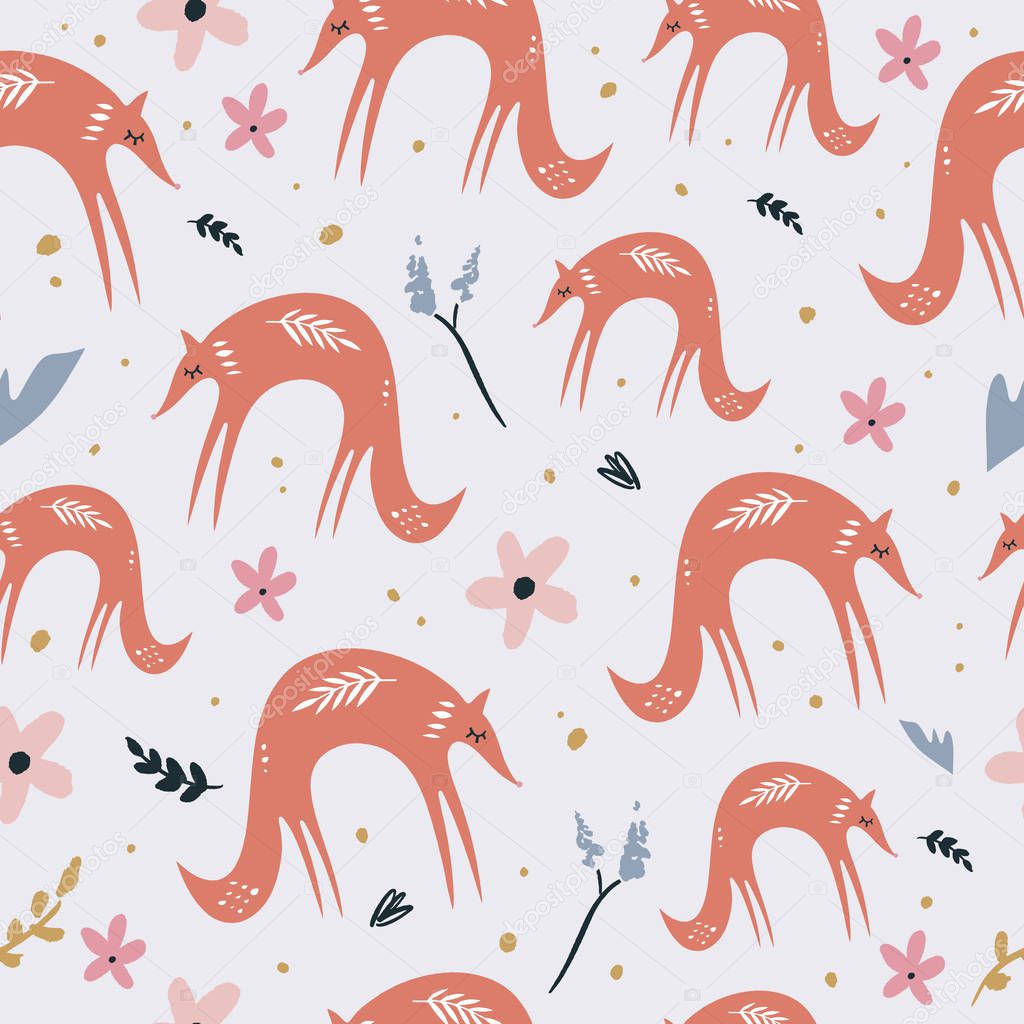 Cute foxes seamless pattern. Orange foxes on floral background. Good for print, wrapping paper, textile, fabrics, wallpaper, decor