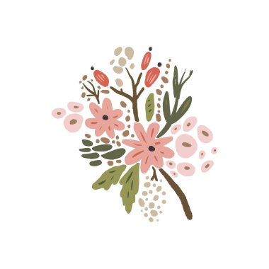Dalları ile el çizilmiş çiçekler. Pastel renkler, karalama tarzında buket. Vektör bitkiler