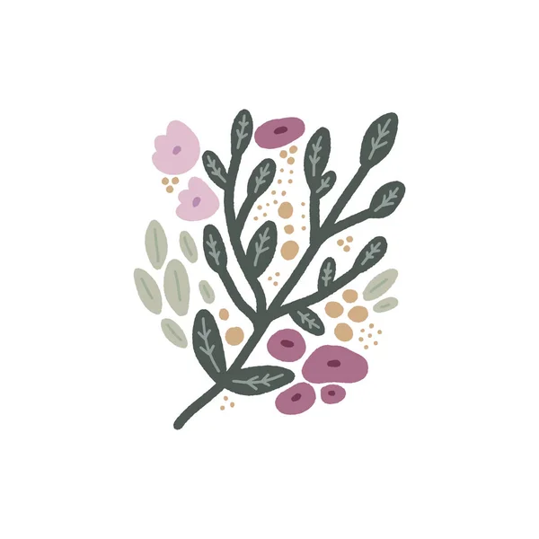 Fleurs dessinées à la main avec branches. Couleurs pastel, bouquet en style doodle. Plantes vectorielles — Image vectorielle