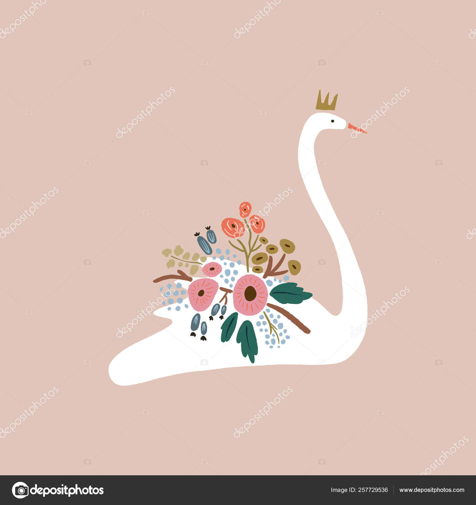 Vakker hvit svane prinsesse eller dronning med krone, romantisk  blomsterbukett dekorasjon. Vektor stockvektor © knstart #257729536, image size:1600x1700