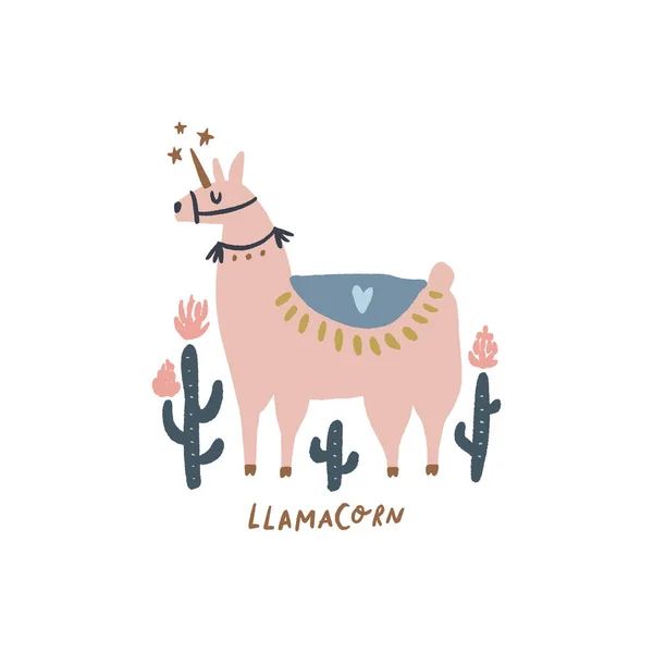 Cute bohemian llama drawing with floral decor elements, hand drawn vector illustration — Stock Vector