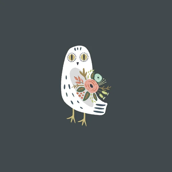 Le hibou des neiges art, oiseau polaire blanc bohème mignon, dessin avec décor floral, illustration vectorielle dessinée à la main — Image vectorielle