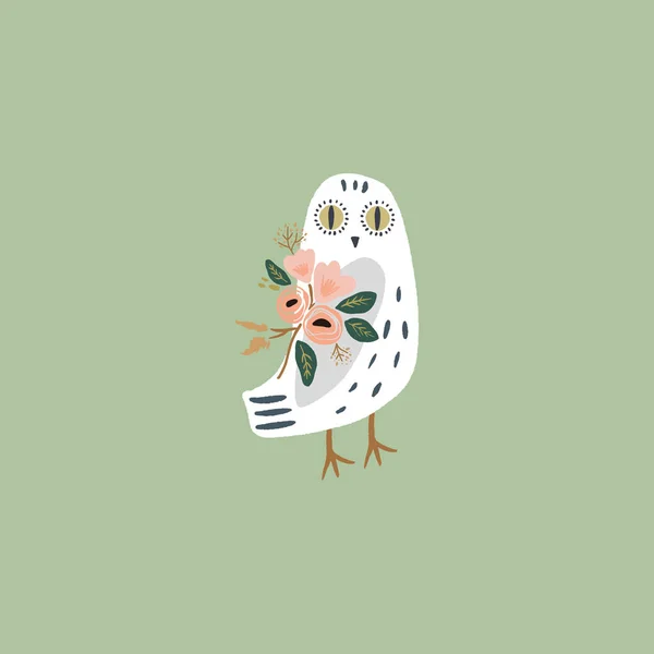 Le hibou des neiges art, oiseau polaire blanc bohème mignon, dessin avec décor floral, illustration vectorielle dessinée à la main — Image vectorielle