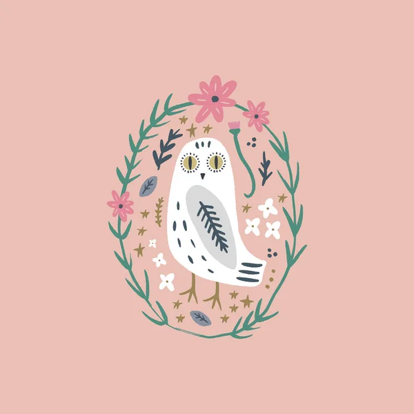 De Sneeuwuil kunst, schattige Boheemse witte Polar Bird, tekening met florale decor, hand getekende vector illustratie — Stockvector