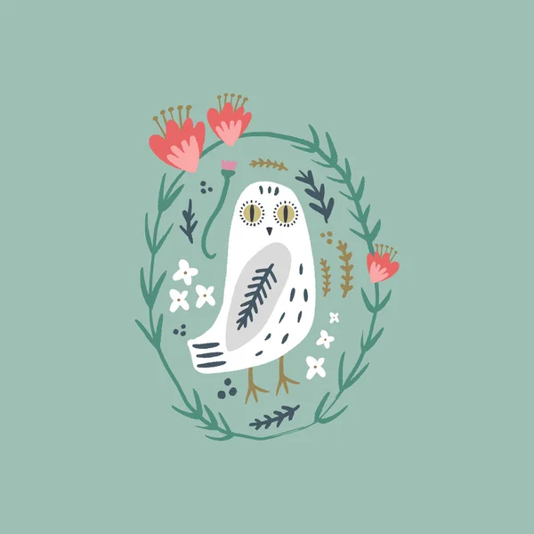 雪猫头鹰艺术，可爱的波希米亚白极鸟，绘画与花卉装饰，手绘矢量插图 — 图库矢量图片