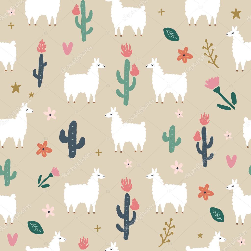 Cute bohemian llama seamless pattern, drawing with floral decor elements, hand drawn vector illustration