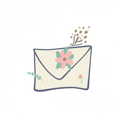 Çiçek elementleri sembolleri, ilkbahar veya yaz tebrik kartı ile zarf mektubu