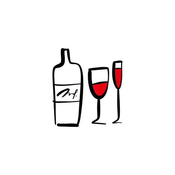Één lijn moderne icon glas en fles wijn set, hand getekende schets vector — Stockvector
