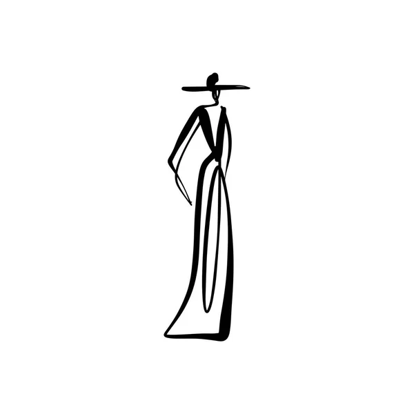 Moda modeli pist siluet el çizilmiş kroki, stilize kadın beyaz arka plan üzerinde izole. Vektör çizimi — Stok Vektör