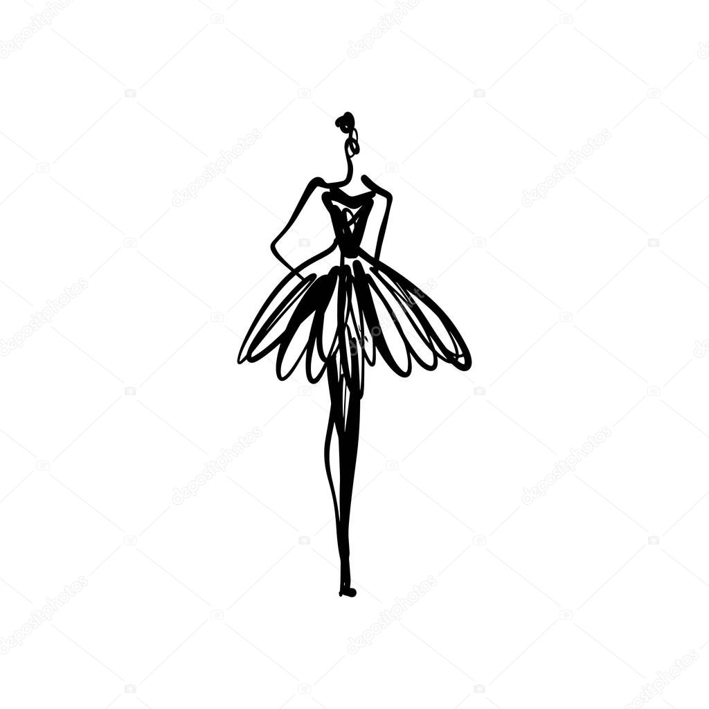 Fashion model runway silhouette hand drawn sketch, stylized woman isolated on white background. Vector illustration