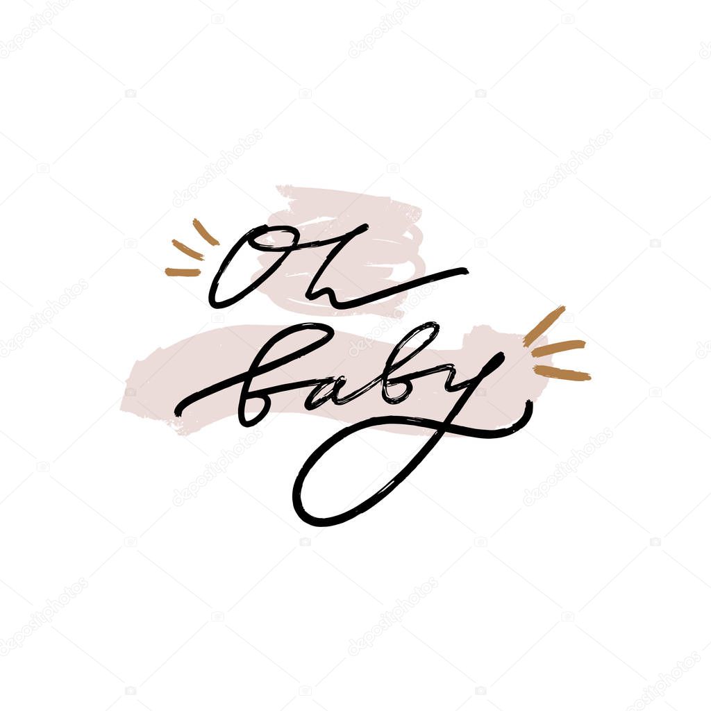 Hand lettered baby shower label, lettering. Stylish print for posters, cards, mugs, clothes and other. Vector Illustration, clipart. Isolated on white background