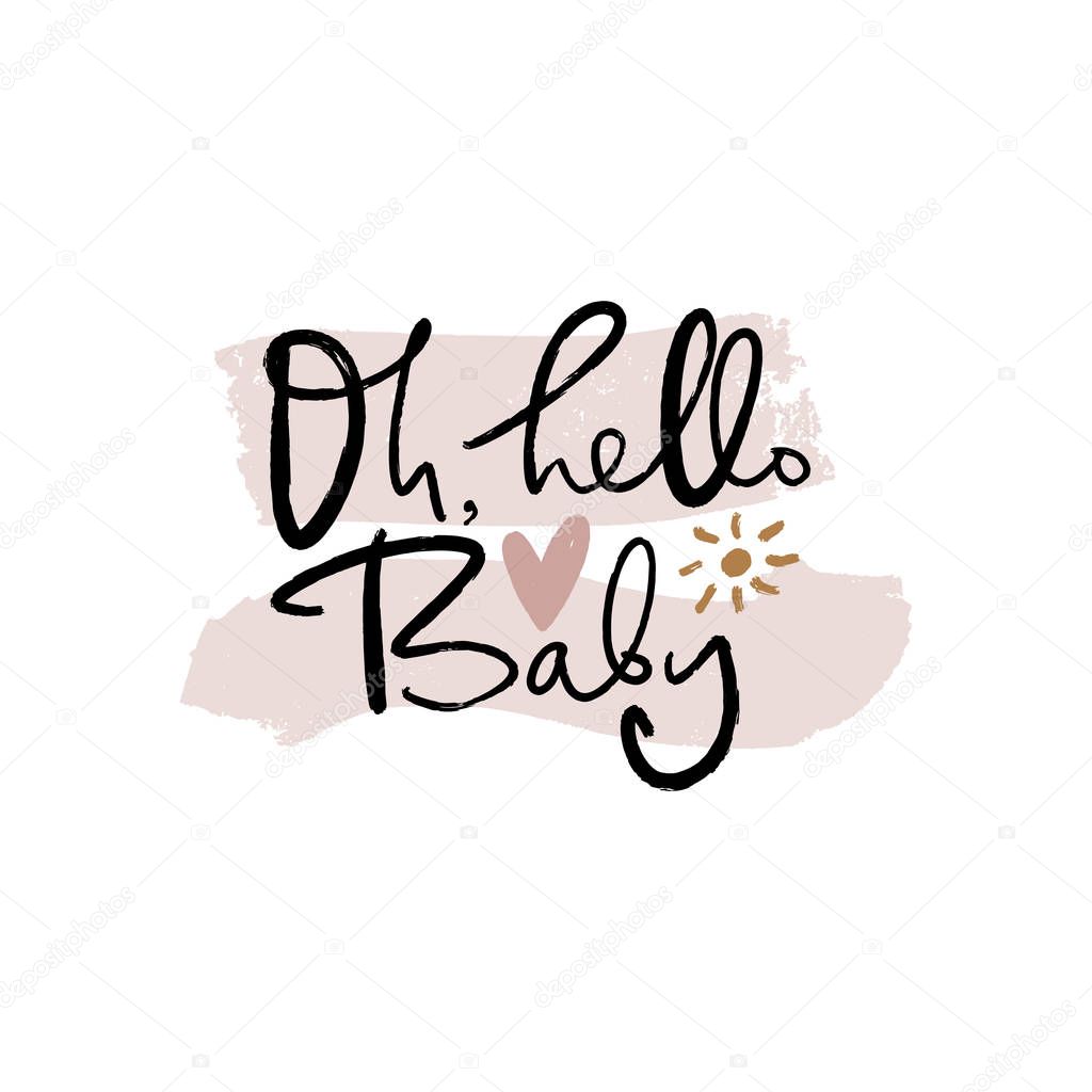 Hand lettered baby shower label, lettering. Stylish print for posters, cards, mugs, clothes and other. Vector Illustration, clipart. Isolated on white background