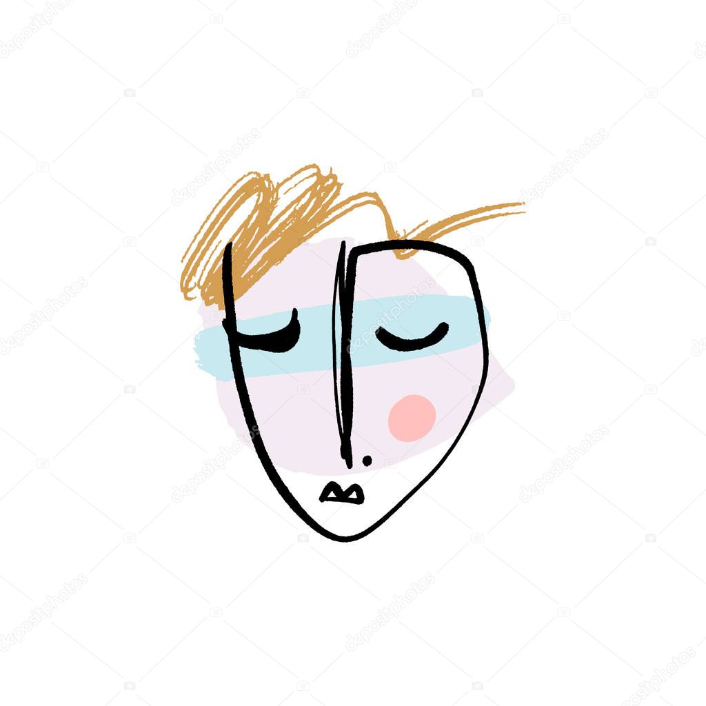 Simple hand drawn trendy line drawing face. Abstract print for clothes, textile and other. Vector illustration EPS