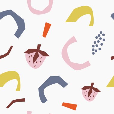 Vektör soyut şekiller, el çizilmiş tasarım elemanları, çilek ile organik geometrik dikişsiz desen kümesi. Scandi İsveç tarzı. Vektör küçük resim