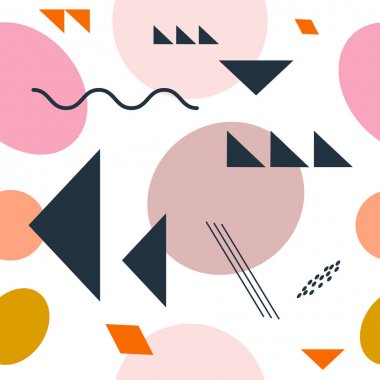 Üçgenler ve diğer şekiller ile soyut geometrik İskandinav dikişsiz desen. Pastel renkler. Çok renkli bauhaus vintage arka plan. Vektör küçük resim.