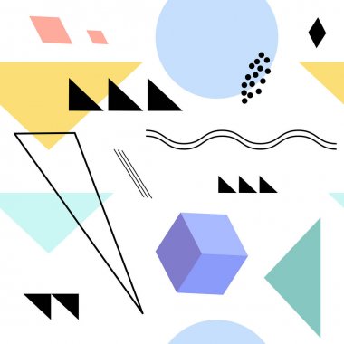 Üçgenler ve diğer şekiller ile soyut geometrik İskandinav dikişsiz desen. Pastel renkler. Çok renkli bauhaus vintage arka plan. Vektör küçük resim.