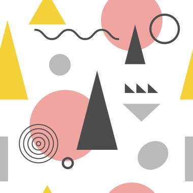 Üçgenler ve diğer şekiller ile soyut geometrik İskandinav dikişsiz desen. Pastel renkler. Çok renkli bauhaus vintage arka plan. Vektör küçük resim.