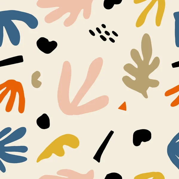 Bezešvé dětské vzory s ručně nakreslenou abstraktními listy a tvary. Kreativní skandinávské dětské tkaniny, textura, textilní, tapety, domácí oblečení. Vektorová ilustrace. — Stockový vektor