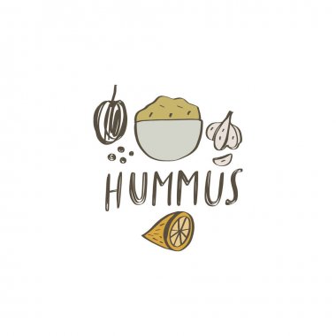 İsrail'in ulusal yiyeceği. Vektör illüstrasyon. Humus malzemeleri.