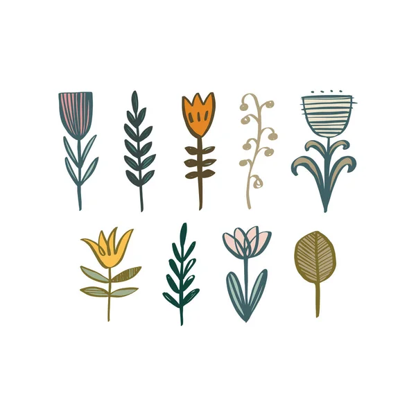 Flores e plantas em estilo escandinavo. Motivo de verão ou primavera. Ilustração vetorial . —  Vetores de Stock