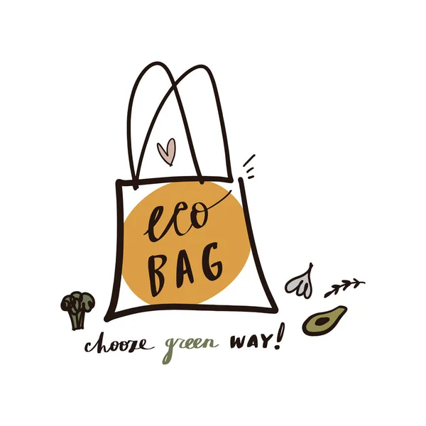 Sac en tissu Eco. Aucun gaspillage. Nourriture végétalienne. Le respect de l'environnement. Illustration vectorielle . — Image vectorielle