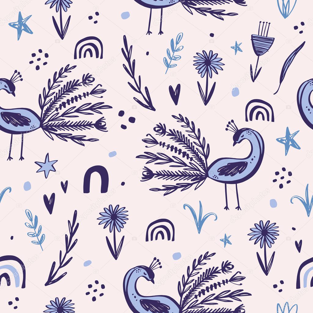 Seamless pattern with cartoon peacoks and floral decor elements. Creative childish background. Vector illustration.