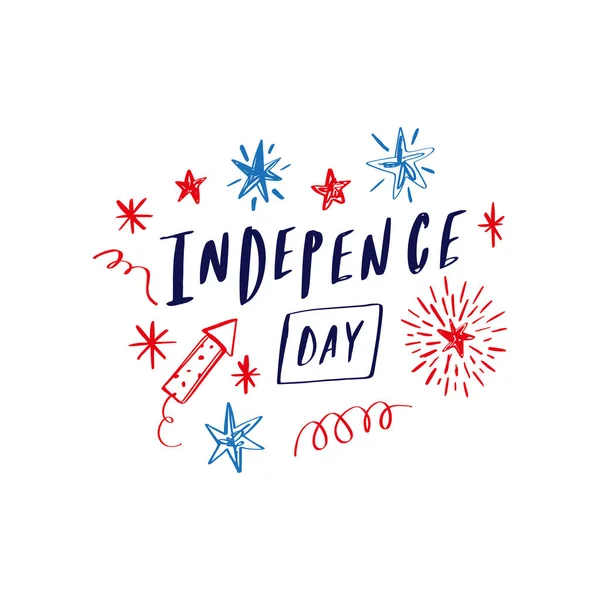 Doodle kézzel rajzolt betűkkel plakát vagy kártya lövés csillagok tűzijáték, ünnepelni USA ünnep függetlenség napja, július negyedik. Amerikai zászló színeket. Gratula, július 4. Vektor. — Stock Vector