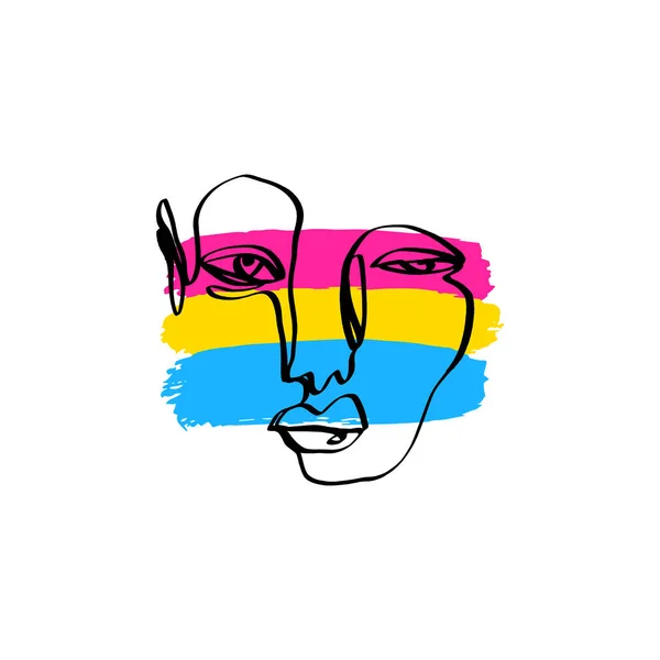 Pansexual orgulho grunge estilo bandeira e arte abstrata linha de rosto humano. Gay e lésbica, ícone símbolo ou logotipo. Elemento de design para mídia social, cartaz, impressão de camiseta, folheto. Vetor . — Vetor de Stock