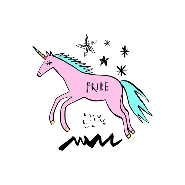 Ikon unicorn LGBT dengan tanduk pelangi bergaya corat-coret kartun. Vektor . - Stok Vektor