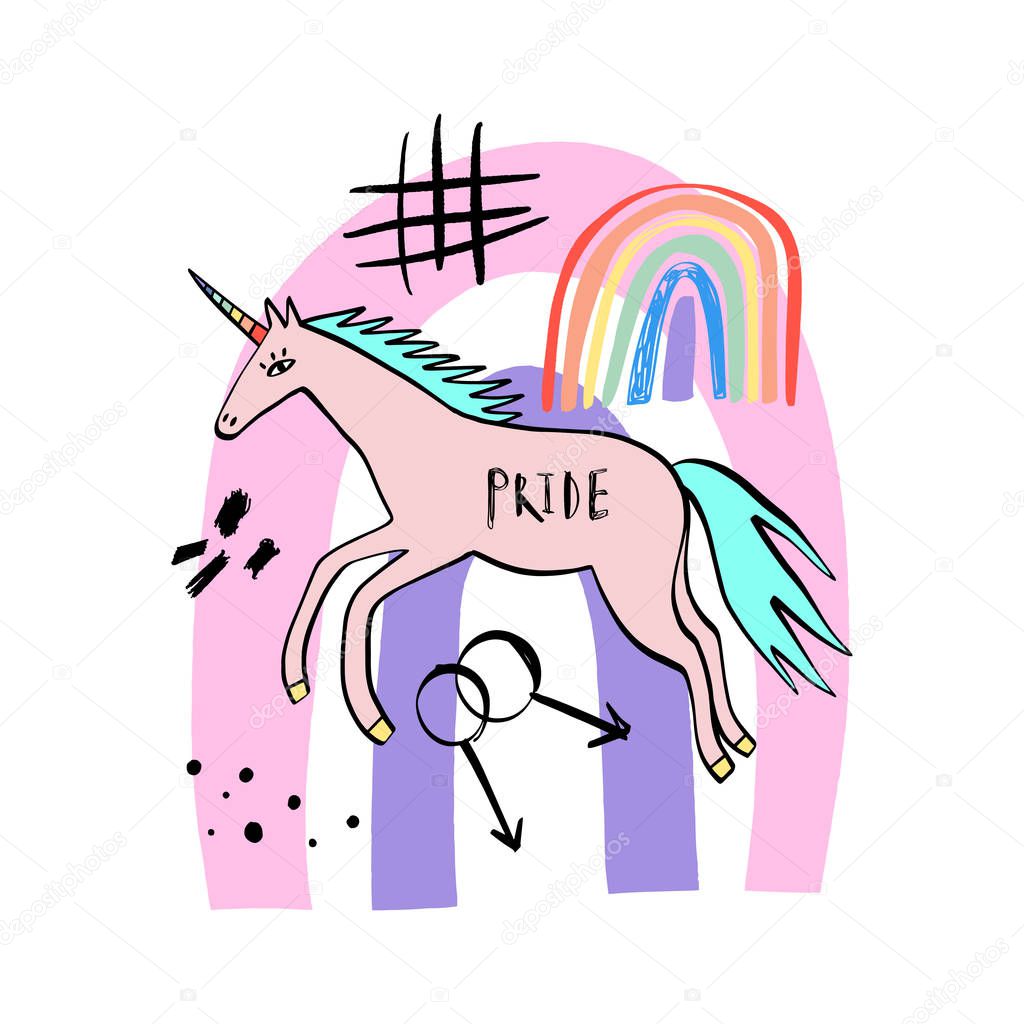 LGBT unicorn icon with rainbow horn in cartoon doodle style. Vector.