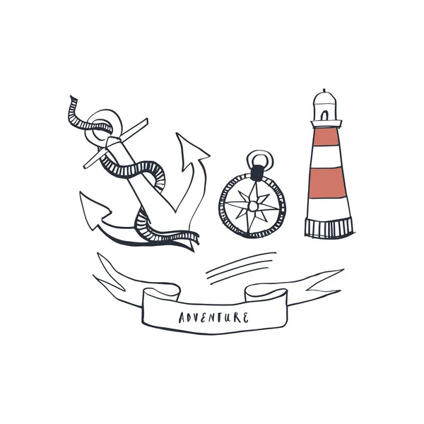 一套带有锚、指南针和灯塔的航海海军元素。海洋手工绘制图标。向量 — 图库矢量图片