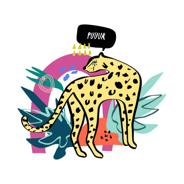 Leopardo Desenhos Animados Engraçado Com Folhas Tropicais Ilustração Animal Vetorial —  Vetores de Stock