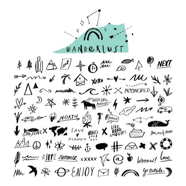 Seyahat doodle handdrawn vektör simgeleri ayarlayın. Semboller, işaretler, dekor elemanları