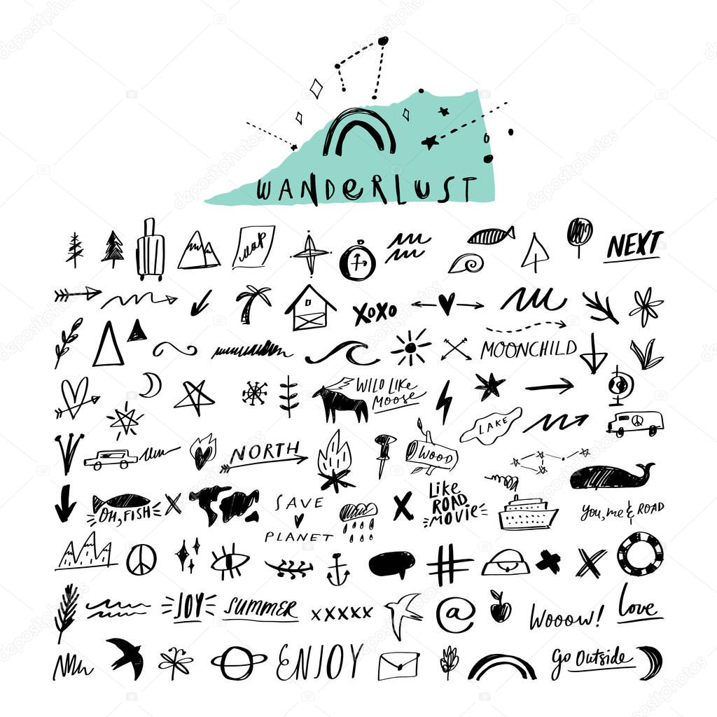 Travel doodle handdrawn sketch vector icons set. Symbols, signs, photo overlays collection