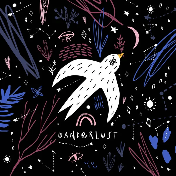 Gece gökyüzü ile kırlangıç handdrawn sanat. Vektör grafik, t-shirt tasarımı, kartpostal, duvar posteri